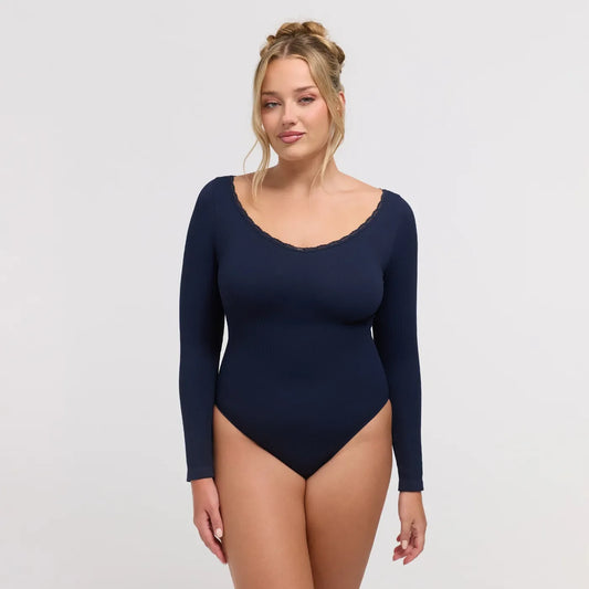 Ribbed Longsleeve V-Neck Sculpting Lace Bodysuit with Slip
