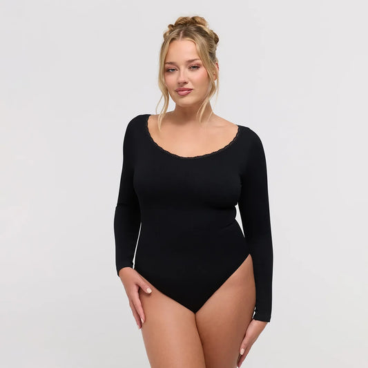Ribbed Longsleeve V-Neck Sculpting Lace Bodysuit with Slip